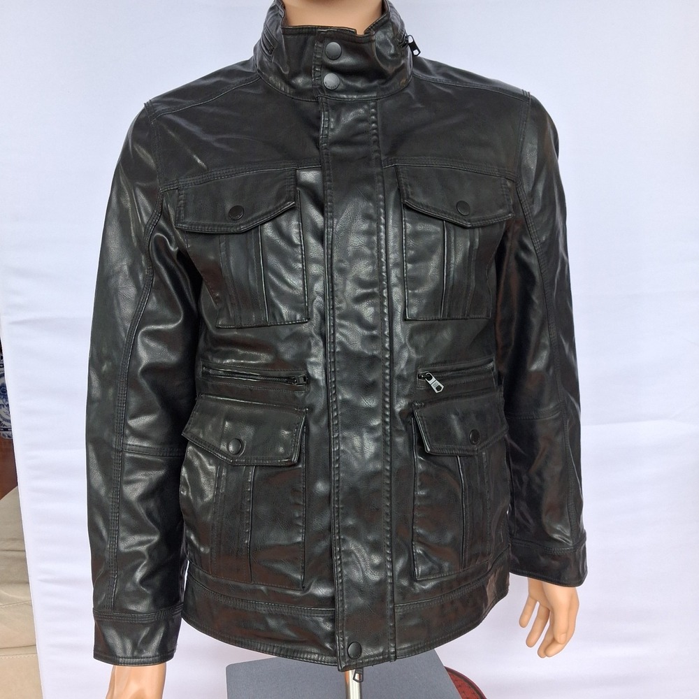 Tommy Hilfiger Men's Leather black utility field jacket with a stand collar